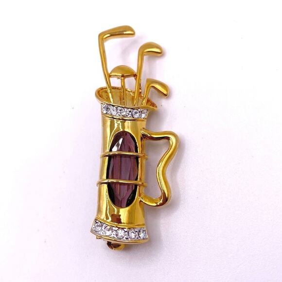 Vntg Gold Tone Golf Bag Brooch With Rhinestones and Purple Glass Stone Accent - Picture 1 of 6
